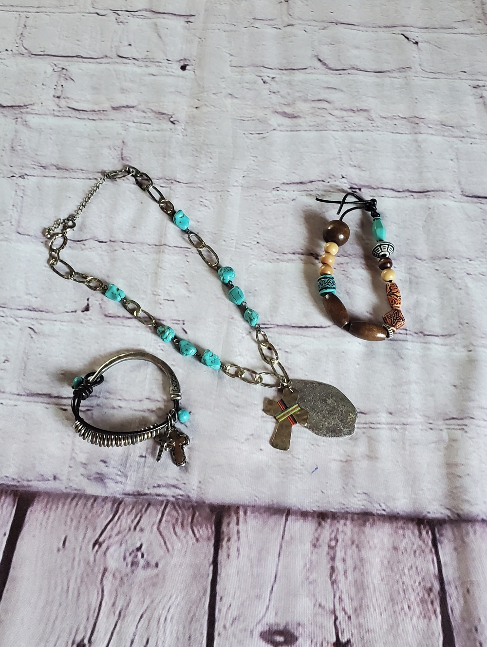 Western Bohemian Jewelry Chunky Turquoise Necklace & Bracelet Cross Hippie Beach